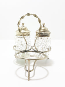 Antique Pressed Glass & Silver Plated Cruet Stand Salt Pot & Pepper Shaker