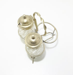 Antique Pressed Glass & Silver Plated Cruet Stand Salt Pot & Pepper Shaker