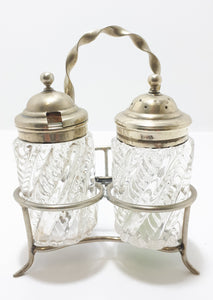 Antique Pressed Glass & Silver Plated Cruet Stand Salt Pot & Pepper Shaker