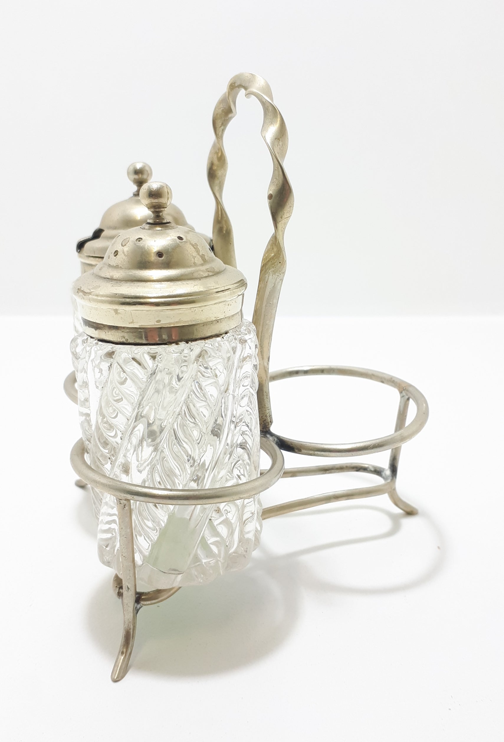 Antique Pressed Glass & Silver Plated Cruet Stand Salt Pot & Pepper Shaker
