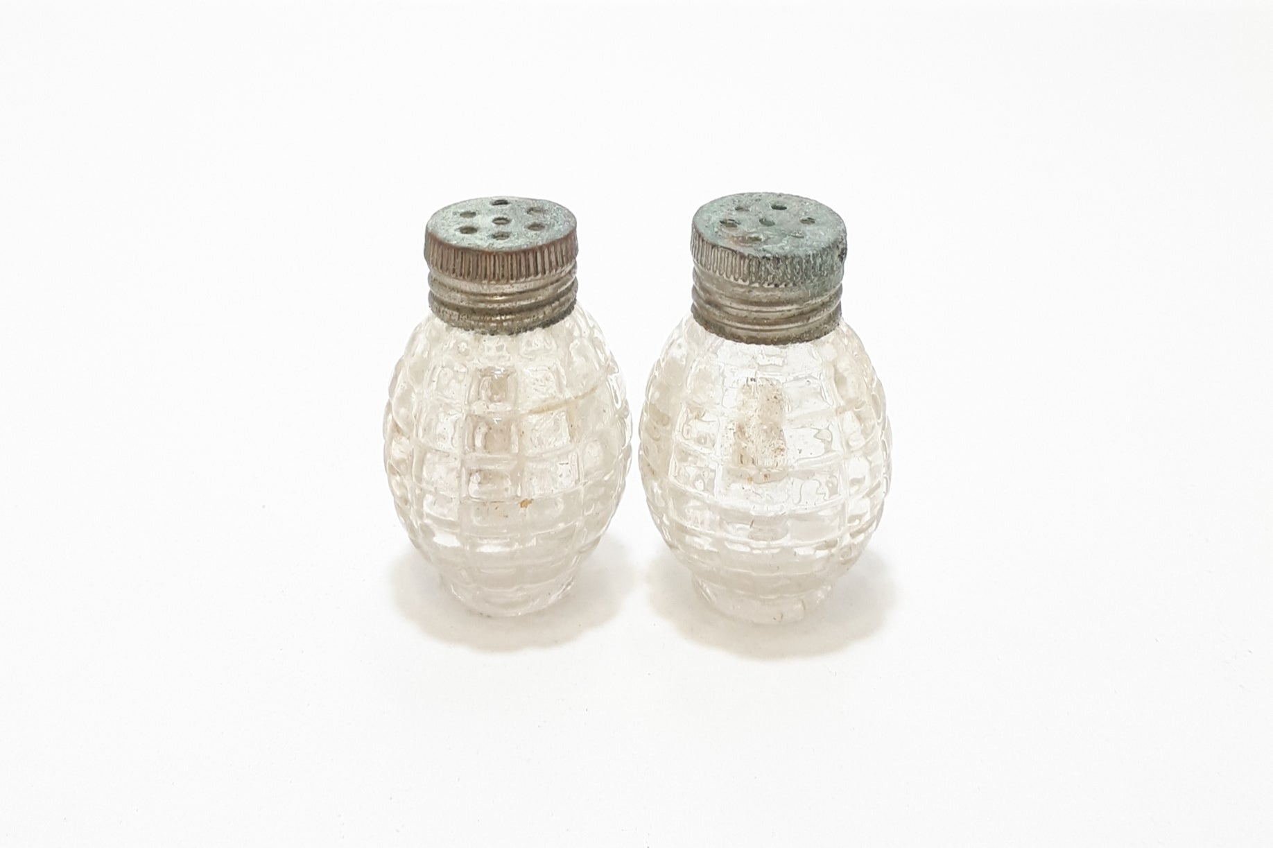 Tiny Antique Set Of Pressed Glass & Silver Plated Salt & Pepper Shakers