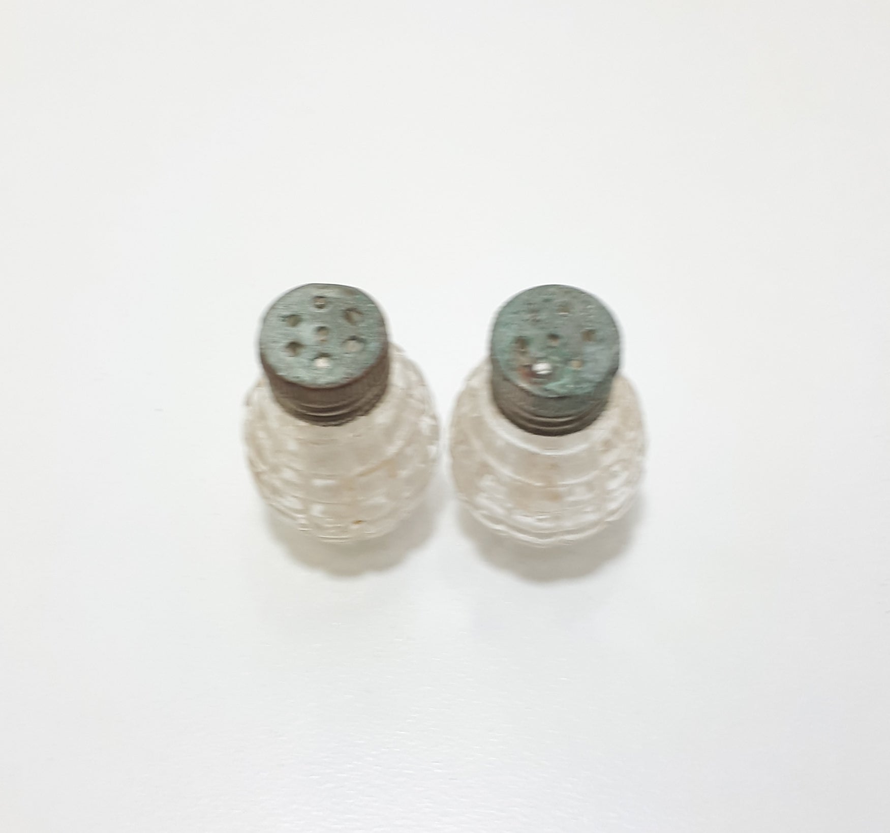 Tiny Antique Set Of Pressed Glass & Silver Plated Salt & Pepper Shakers