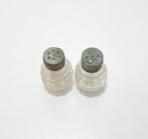 Tiny Antique Set Of Pressed Glass & Silver Plated Salt & Pepper Shakers