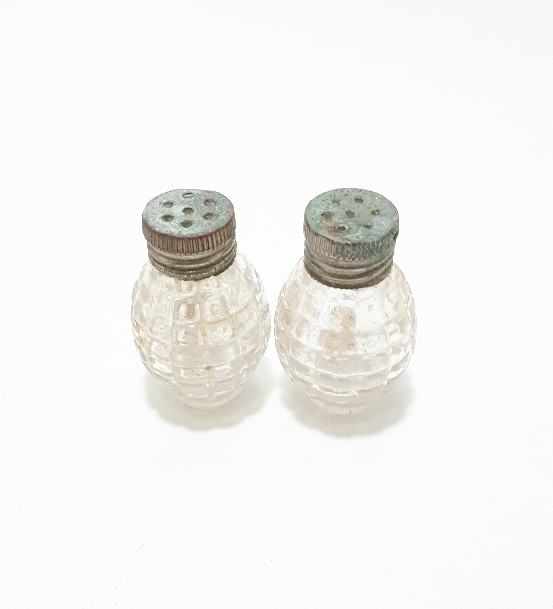 Tiny Antique Set Of Pressed Glass & Silver Plated Salt & Pepper Shakers