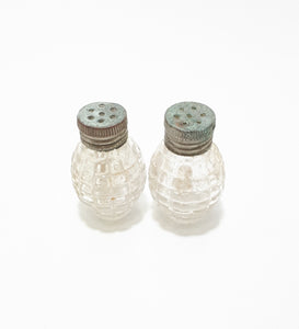 Tiny Antique Set Of Pressed Glass & Silver Plated Salt & Pepper Shakers