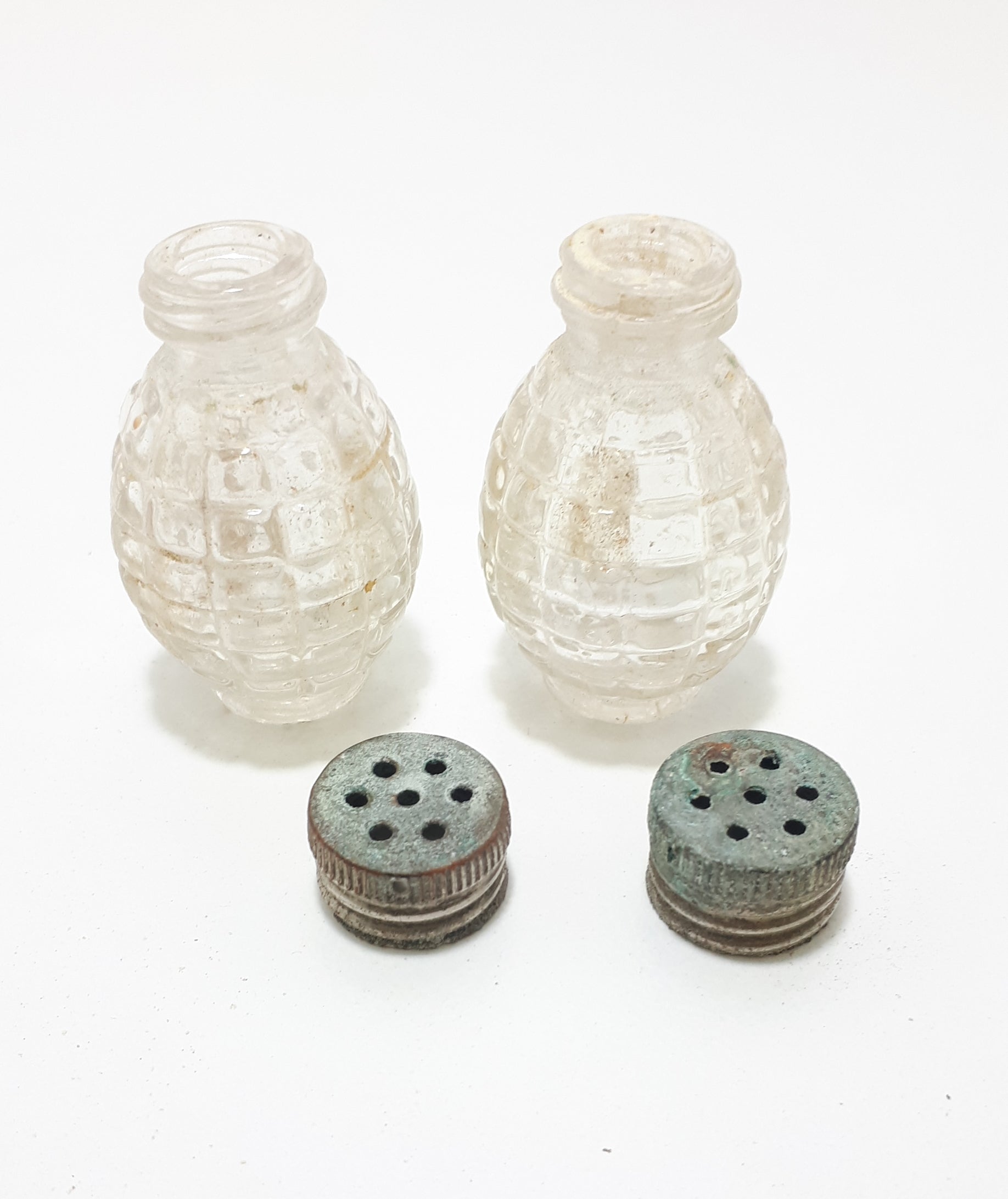 Tiny Antique Set Of Pressed Glass & Silver Plated Salt & Pepper Shakers