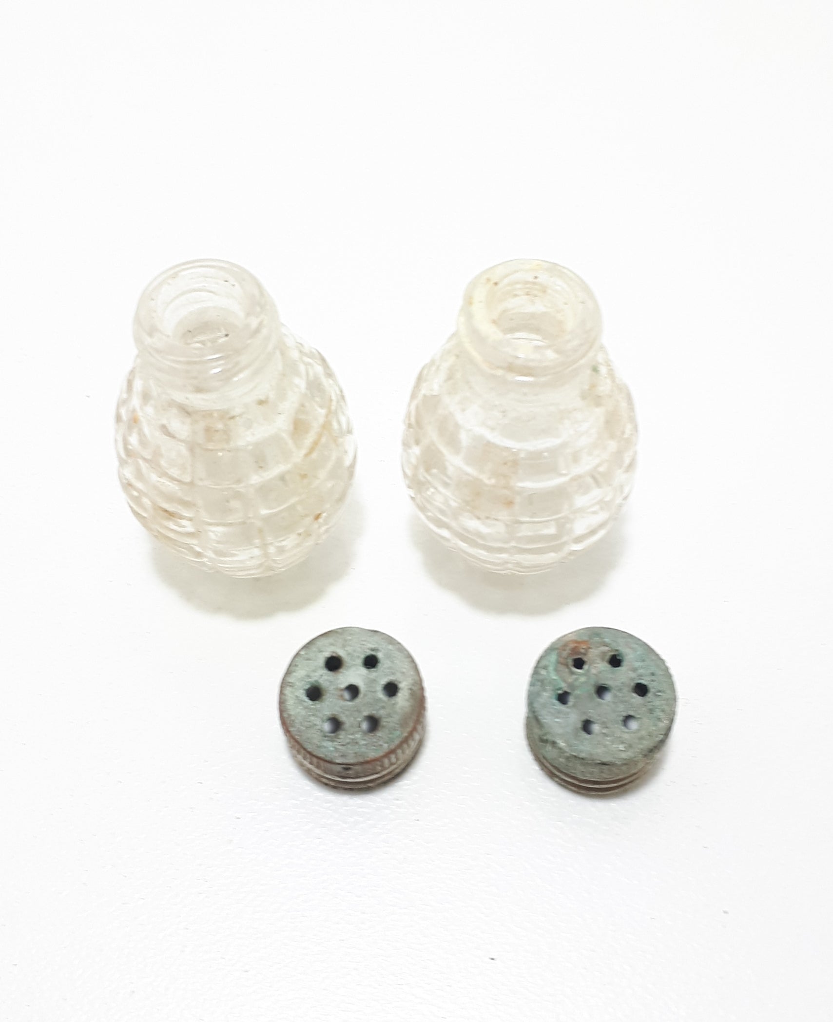 Tiny Antique Set Of Pressed Glass & Silver Plated Salt & Pepper Shakers