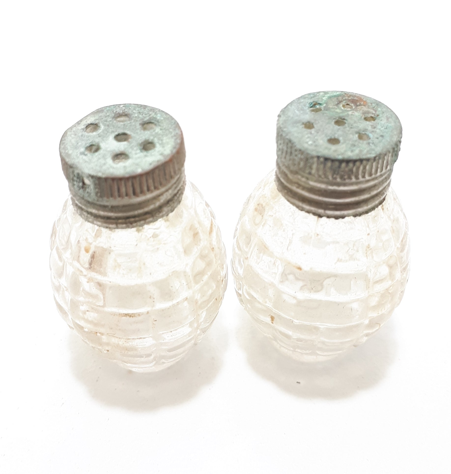 Tiny Antique Set Of Pressed Glass & Silver Plated Salt & Pepper Shakers