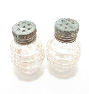 Tiny Antique Set Of Pressed Glass & Silver Plated Salt & Pepper Shakers