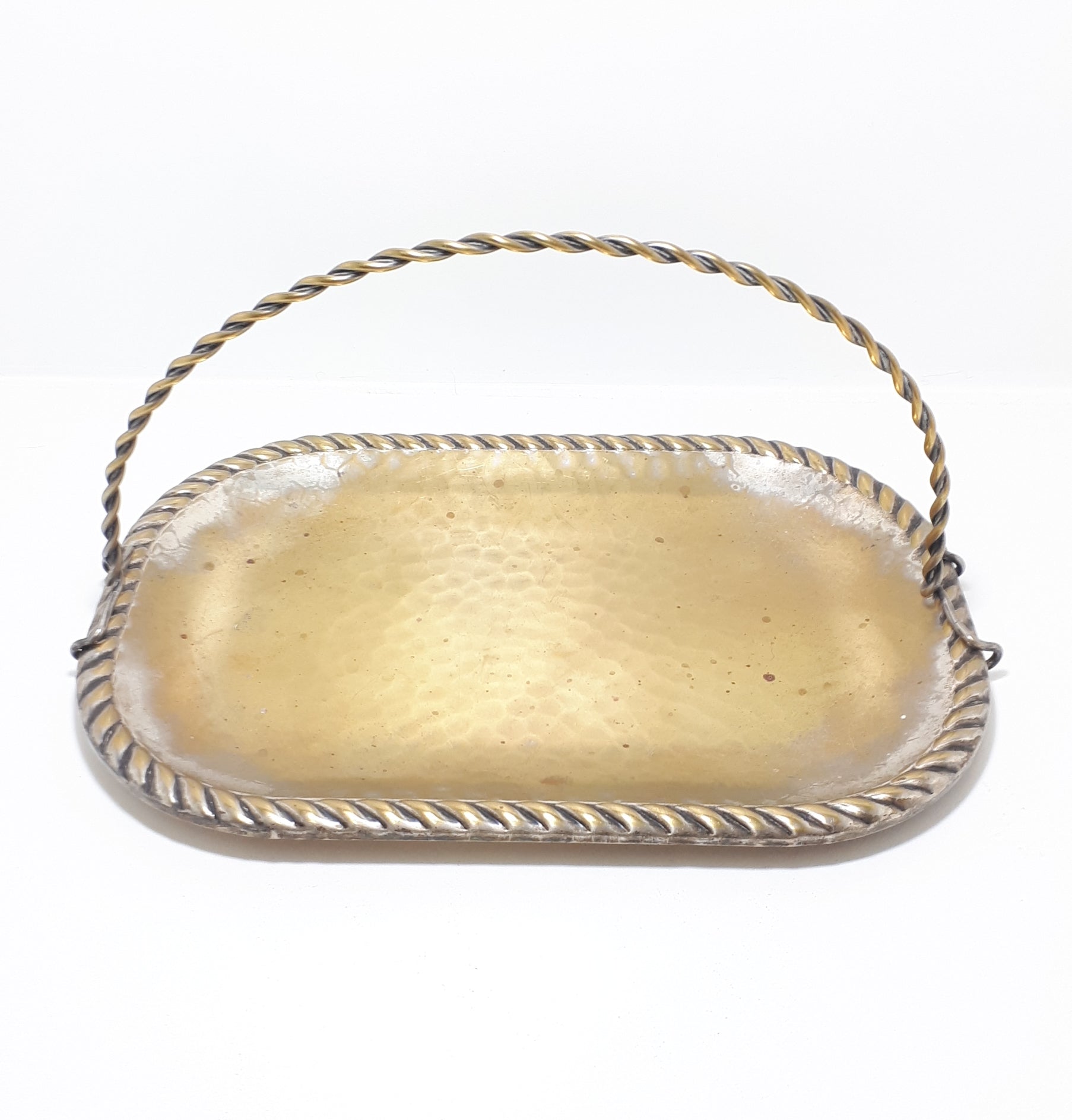 Vintage Swedish Display Tray With Hammered Metal Pattern & Removable Handle