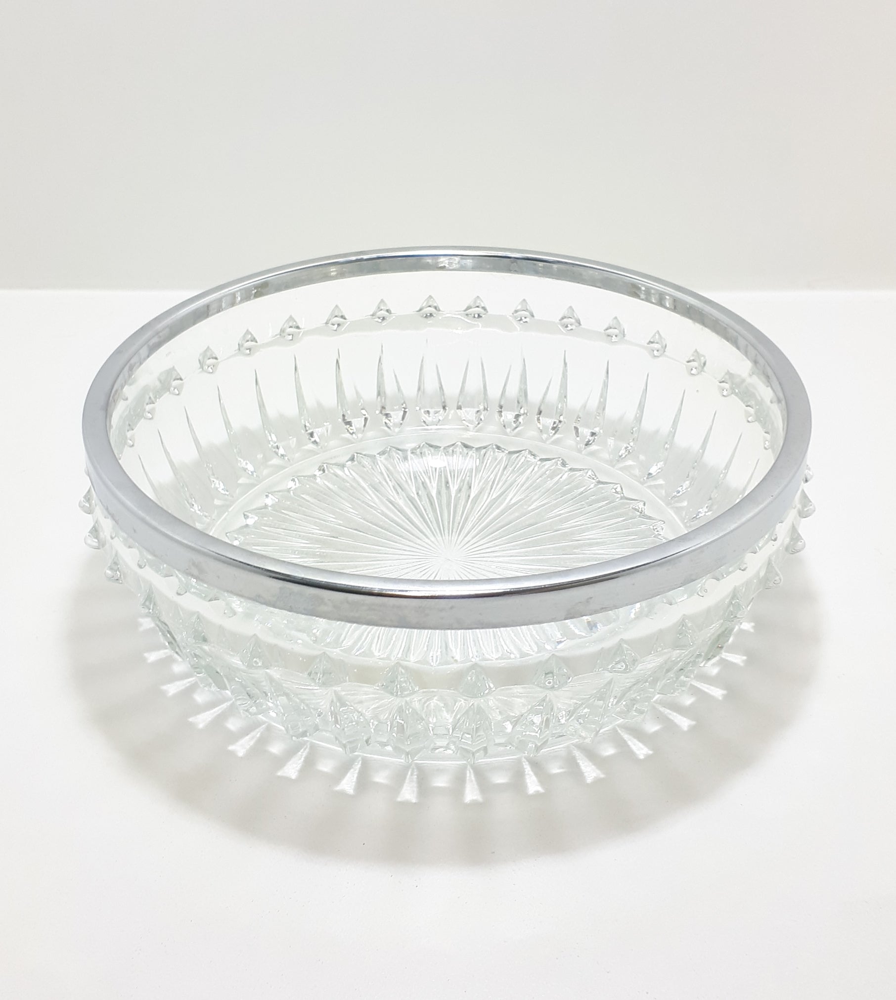 Vintage Heavy Pressed Glass Salad Bowl With Silver Metal Rim Collar