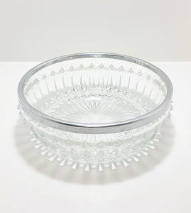 Vintage Heavy Pressed Glass Salad Bowl With Silver Metal Rim Collar