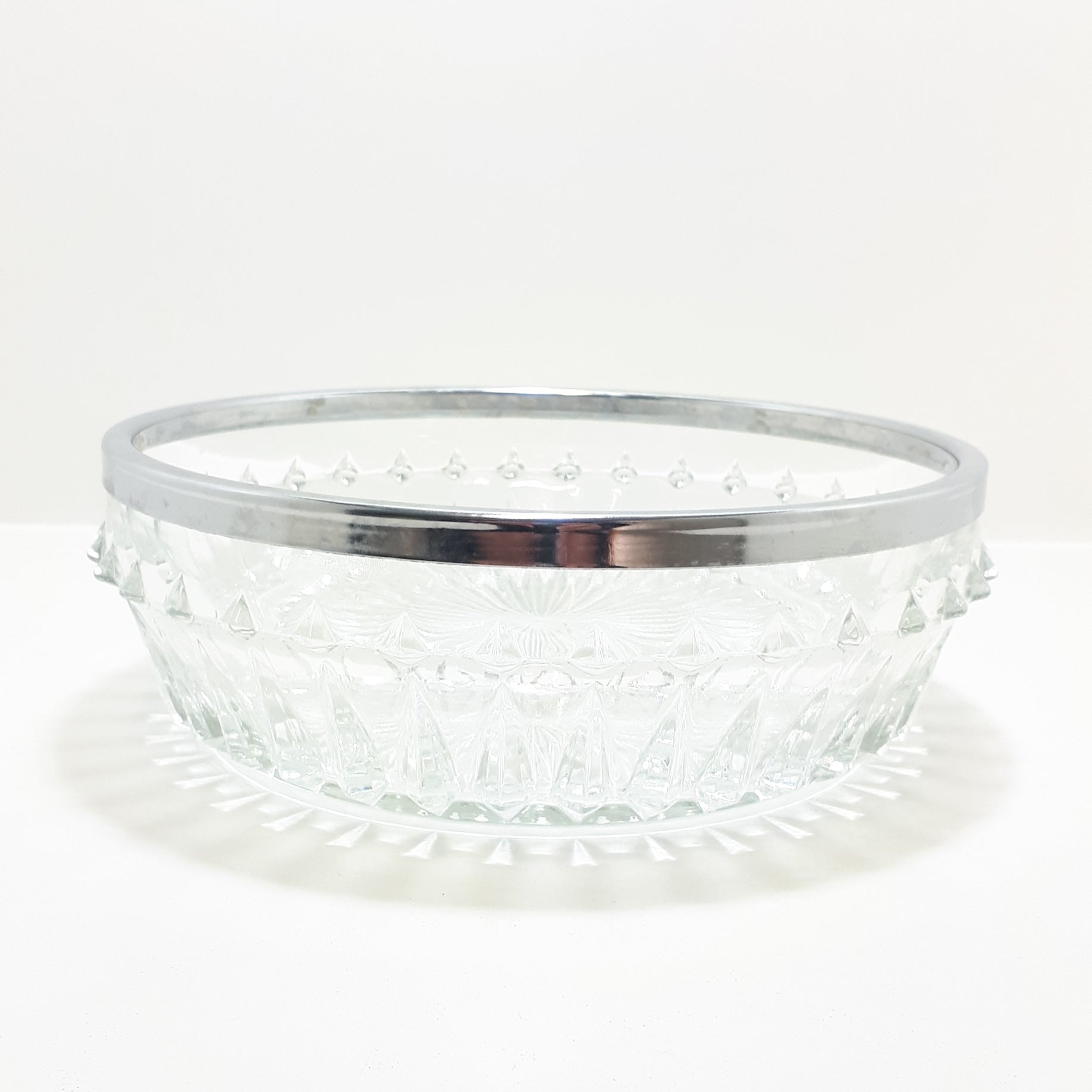 Vintage Heavy Pressed Glass Salad Bowl With Silver Metal Rim Collar