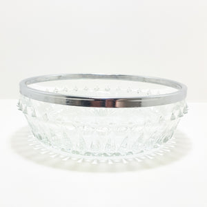 Vintage Heavy Pressed Glass Salad Bowl With Silver Metal Rim Collar