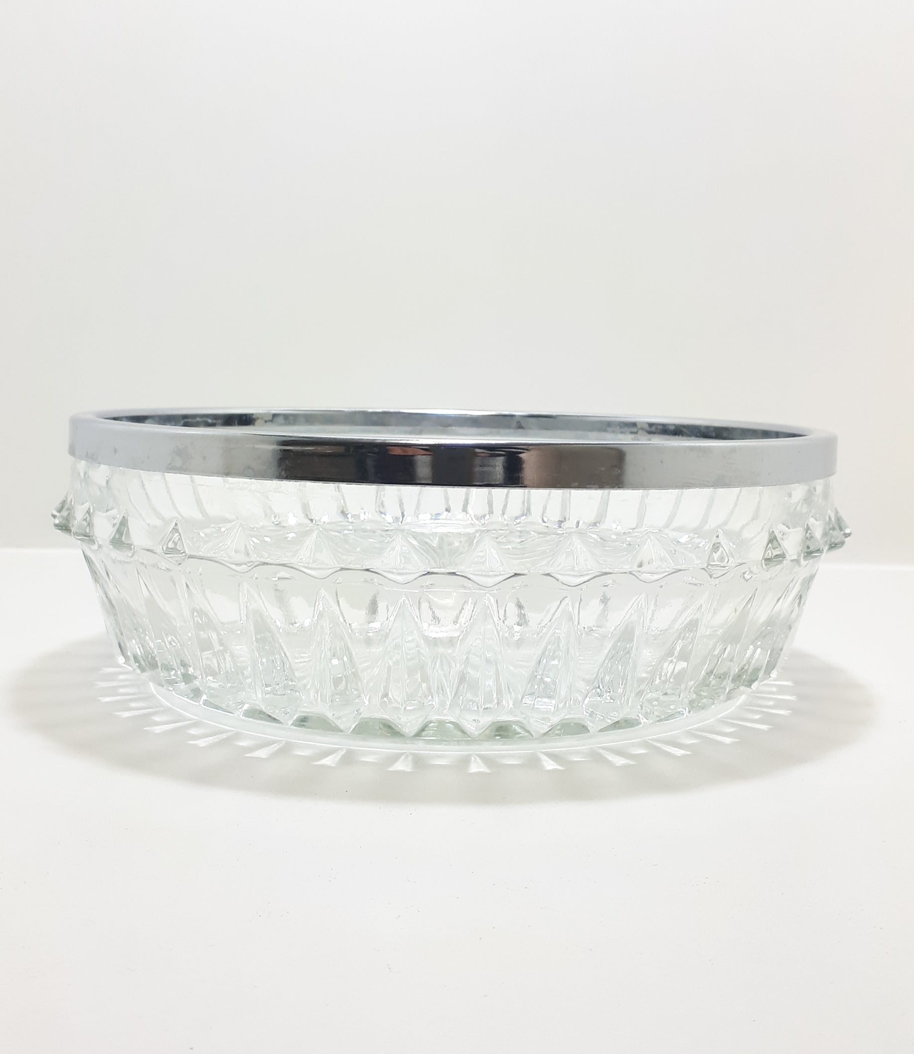 Vintage Heavy Pressed Glass Salad Bowl With Silver Metal Rim Collar