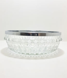 Vintage Heavy Pressed Glass Salad Bowl With Silver Metal Rim Collar