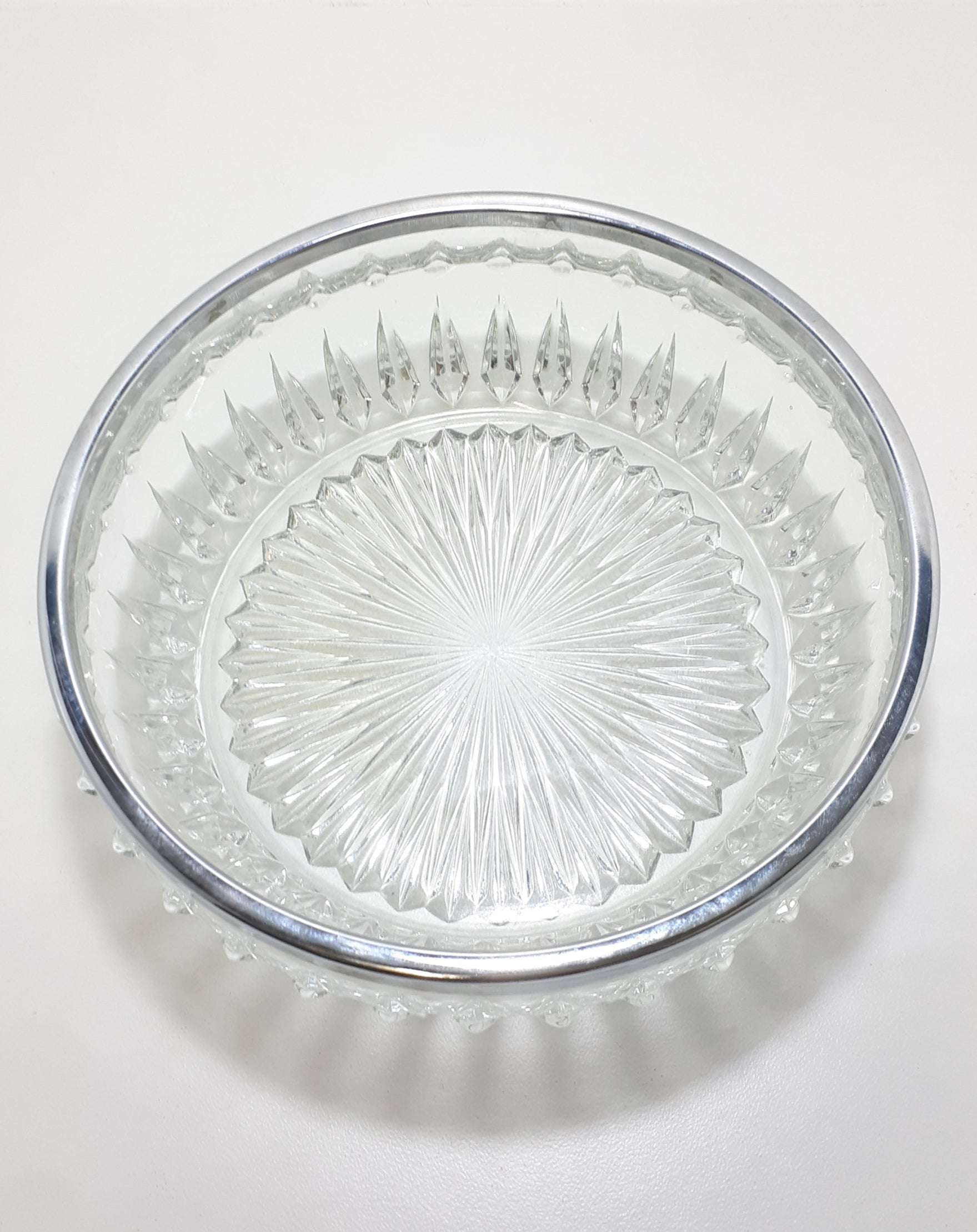 Vintage Heavy Pressed Glass Salad Bowl With Silver Metal Rim Collar