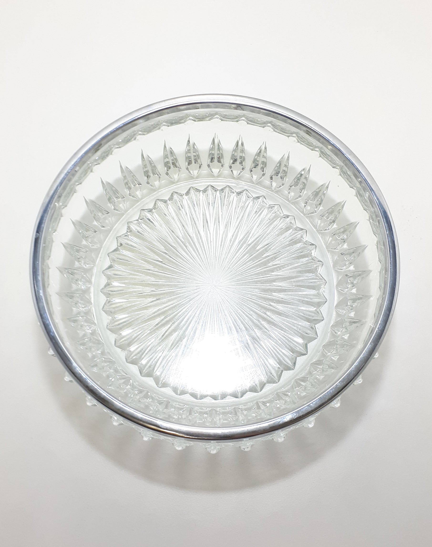 Vintage Heavy Pressed Glass Salad Bowl With Silver Metal Rim Collar