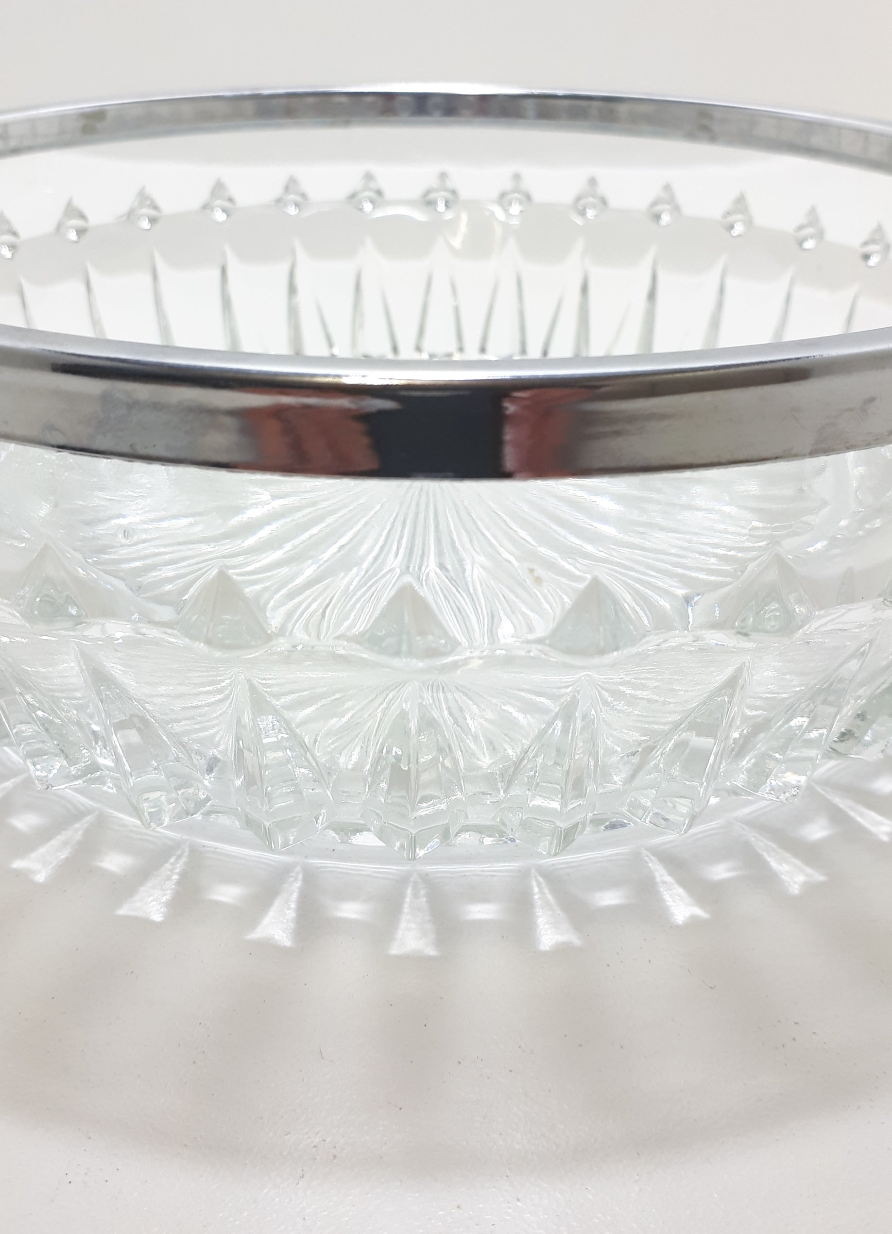 Vintage Heavy Pressed Glass Salad Bowl With Silver Metal Rim Collar