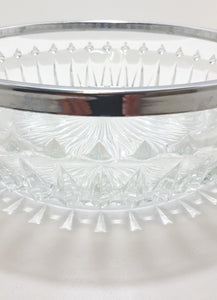 Vintage Heavy Pressed Glass Salad Bowl With Silver Metal Rim Collar