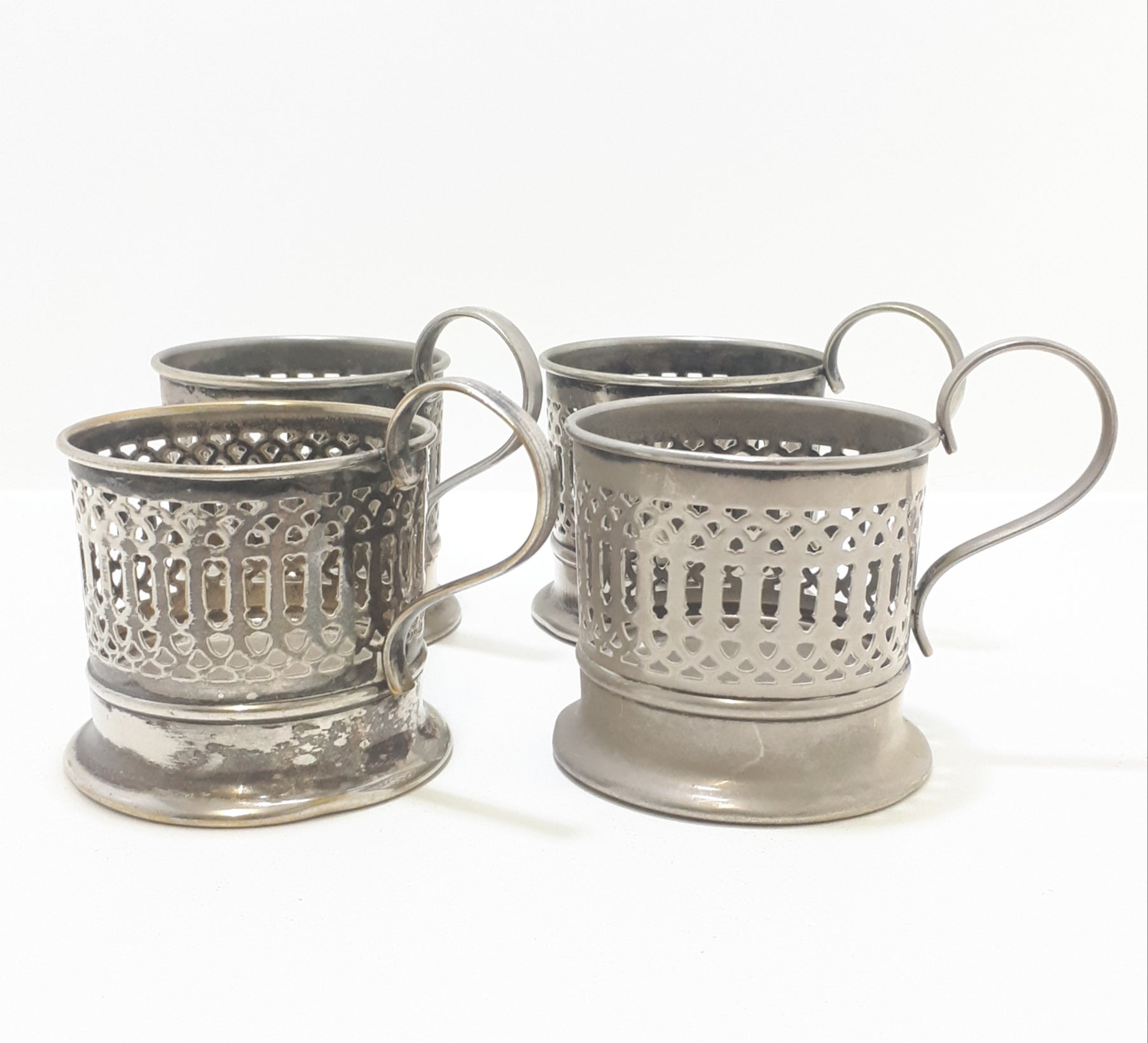 Vintage Set Of 4 Pierced Metal Silver Plated Turkish Coffee Glass Holders