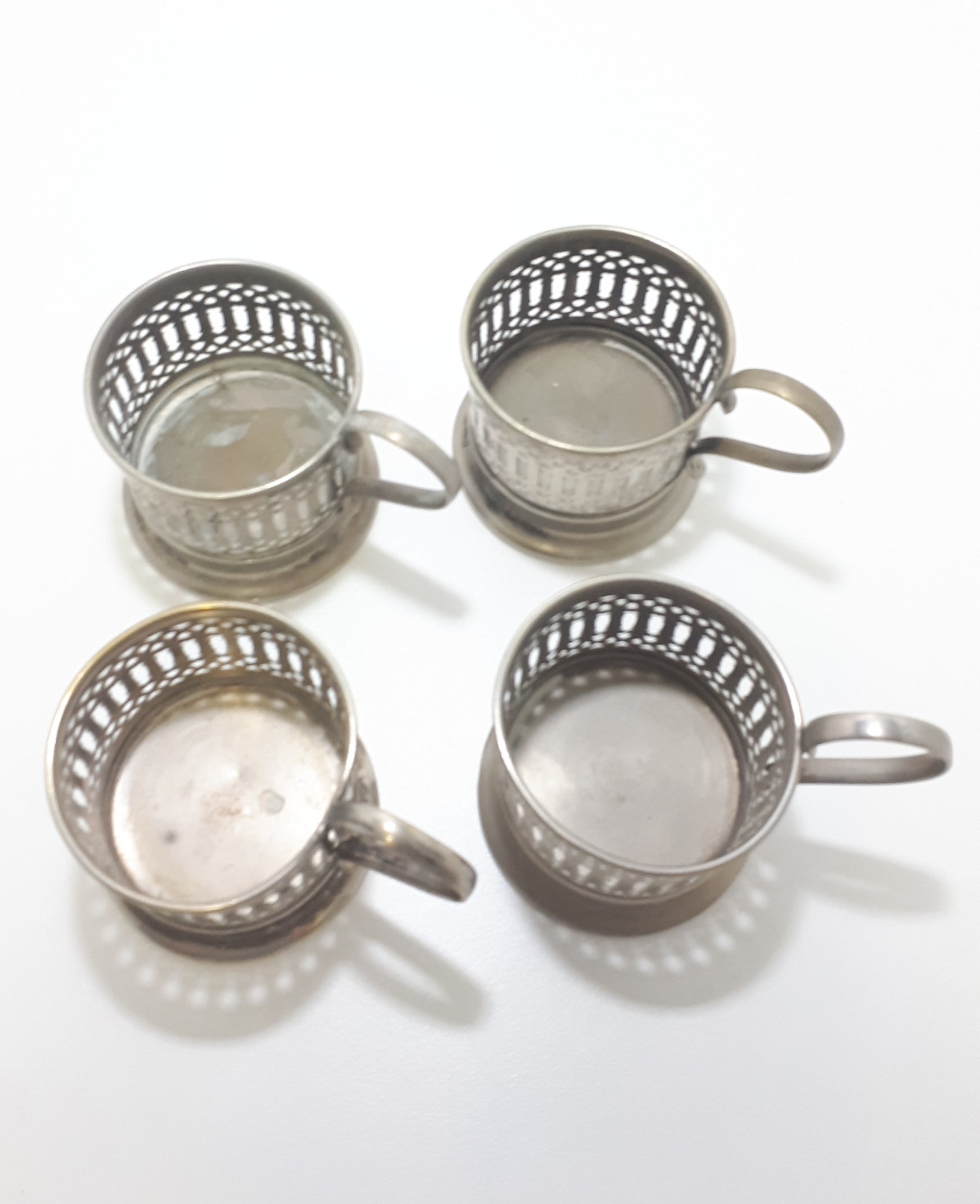 Vintage Set Of 4 Pierced Metal Silver Plated Turkish Coffee Glass Holders