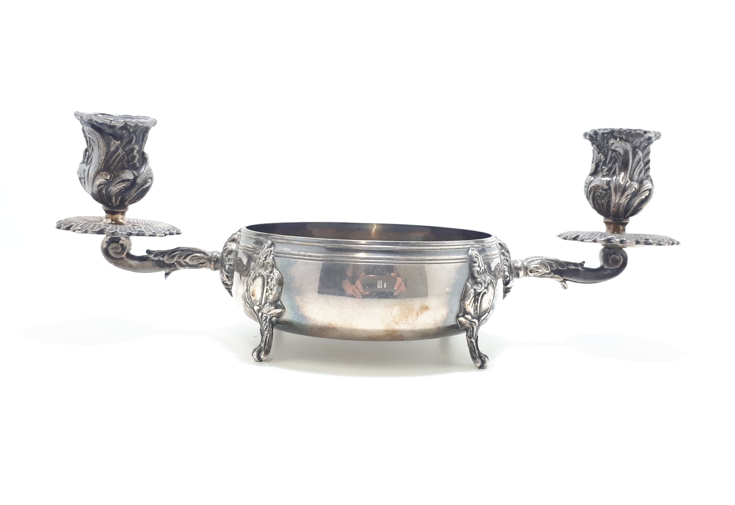 Antique Baroque Designed Rose Bowl Two-Arm Candle Holder