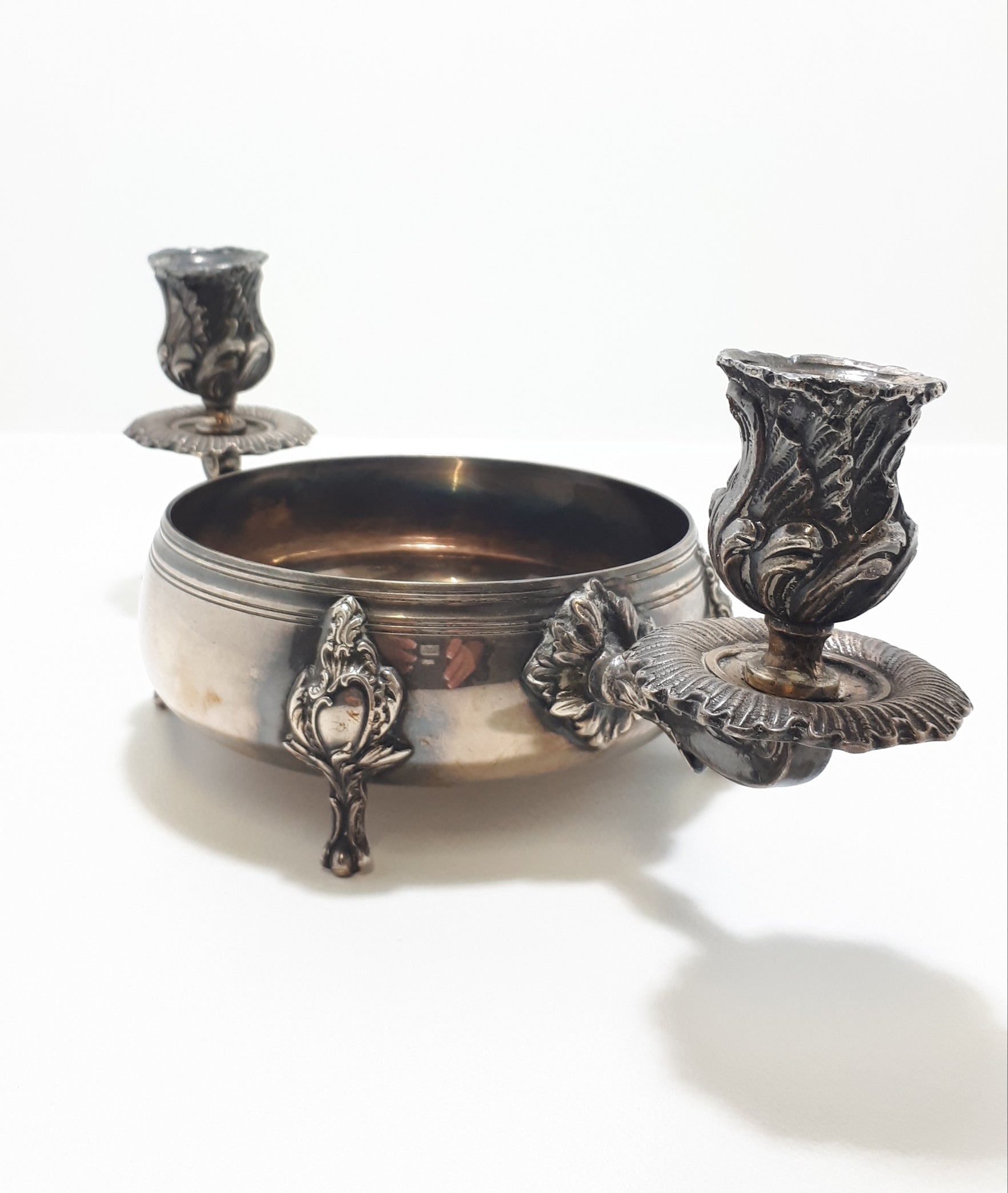 Antique Baroque Designed Rose Bowl Two-Arm Candle Holder