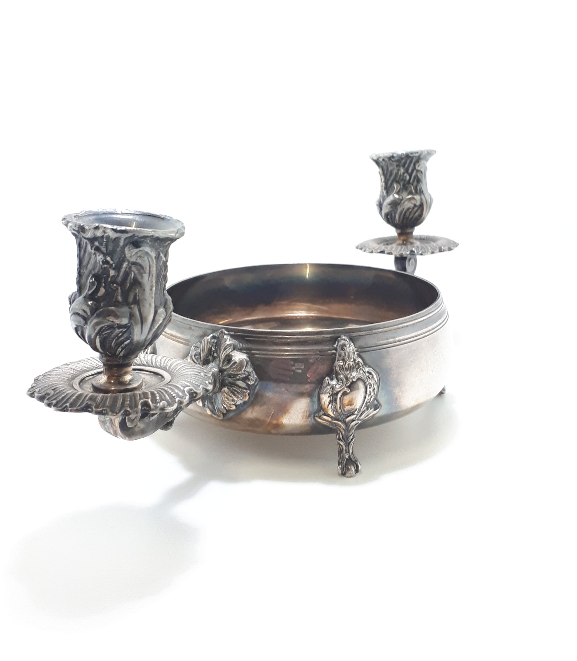Antique Baroque Designed Rose Bowl Two-Arm Candle Holder