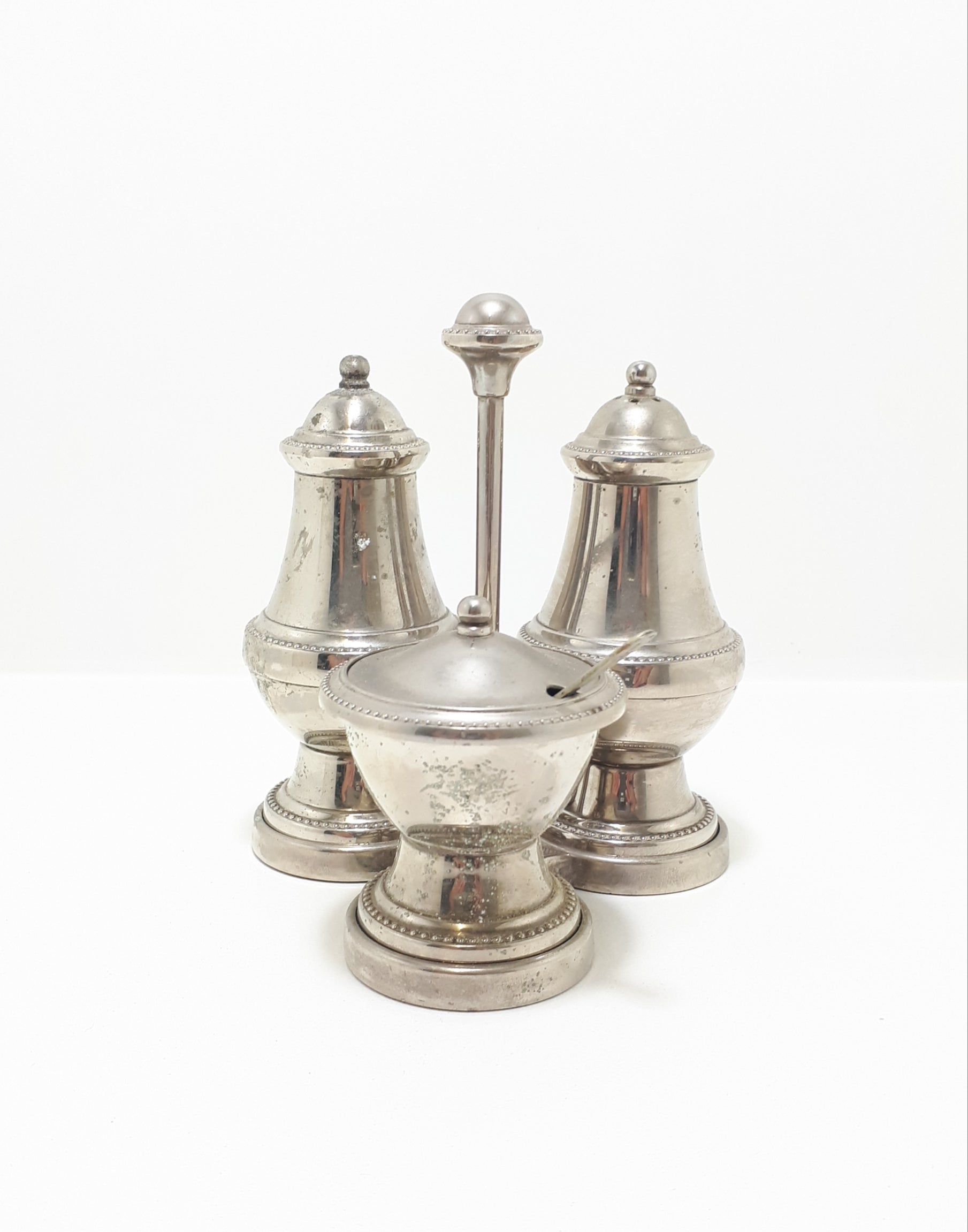 Vintage 1900-1940 Silver Plated Cruet Set – Stand With Salt & Pepper Shakers & Lidded Mustard Pot