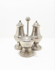 Vintage 1900-1940 Silver Plated Cruet Set – Stand With Salt & Pepper Shakers & Lidded Mustard Pot