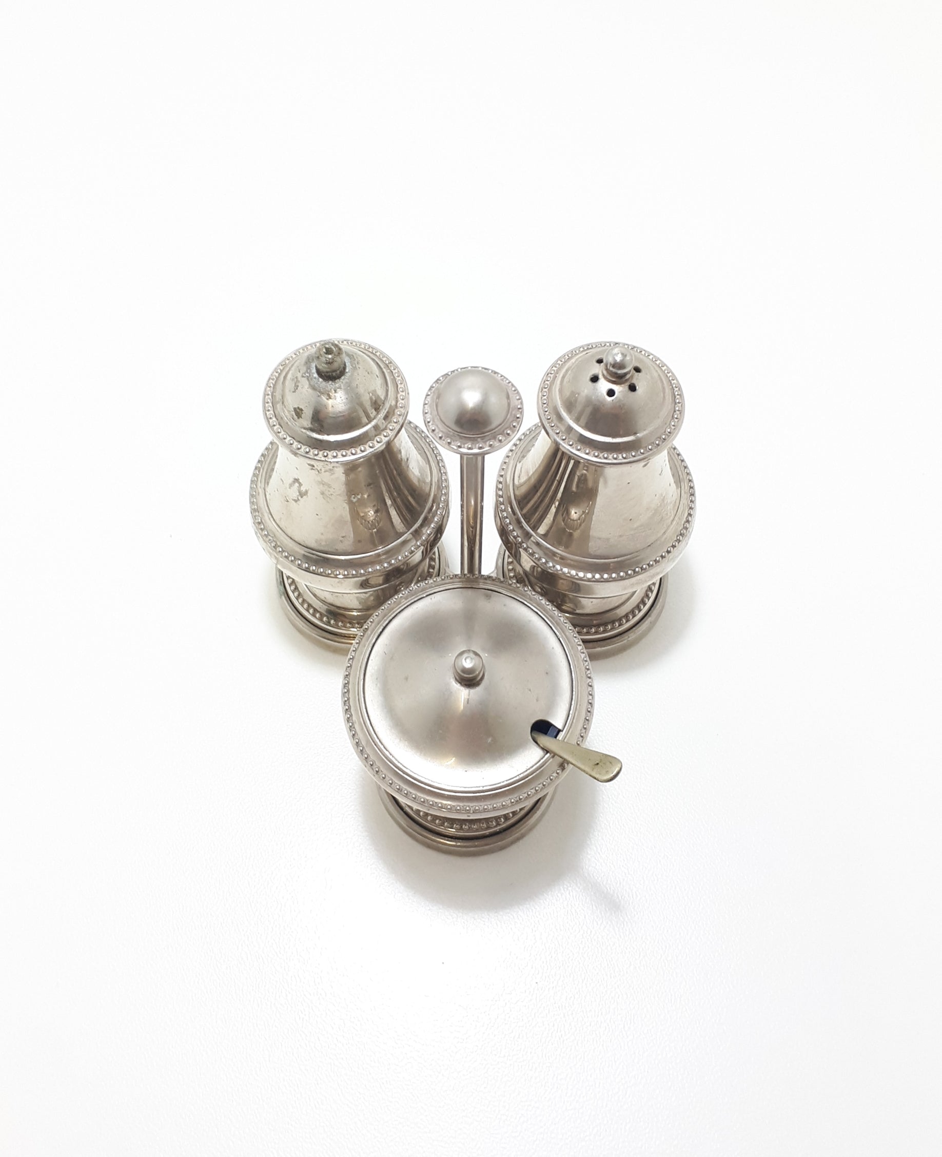 Vintage 1900-1940 Silver Plated Cruet Set – Stand With Salt & Pepper Shakers & Lidded Mustard Pot
