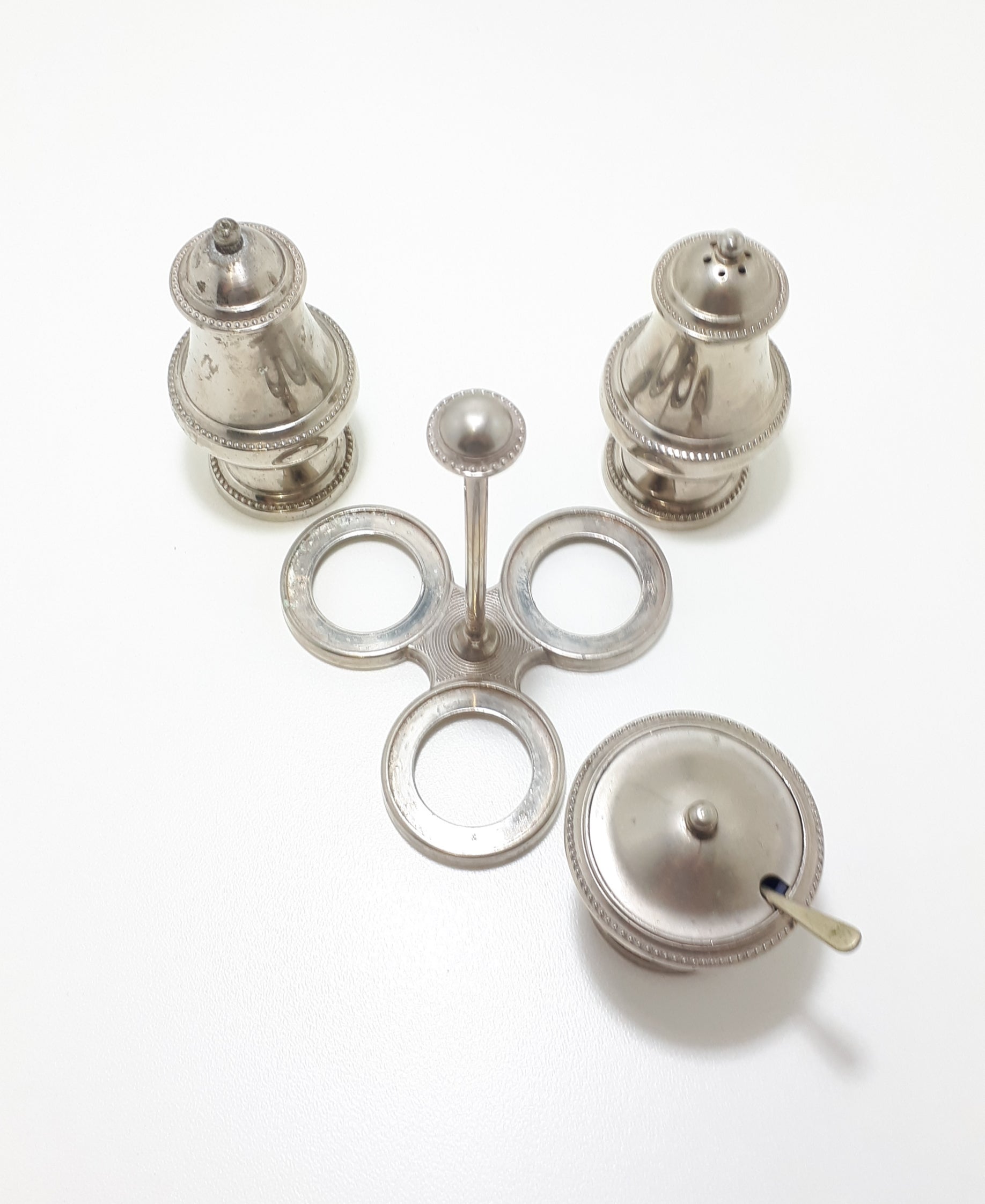 Vintage 1900-1940 Silver Plated Cruet Set – Stand With Salt & Pepper Shakers & Lidded Mustard Pot