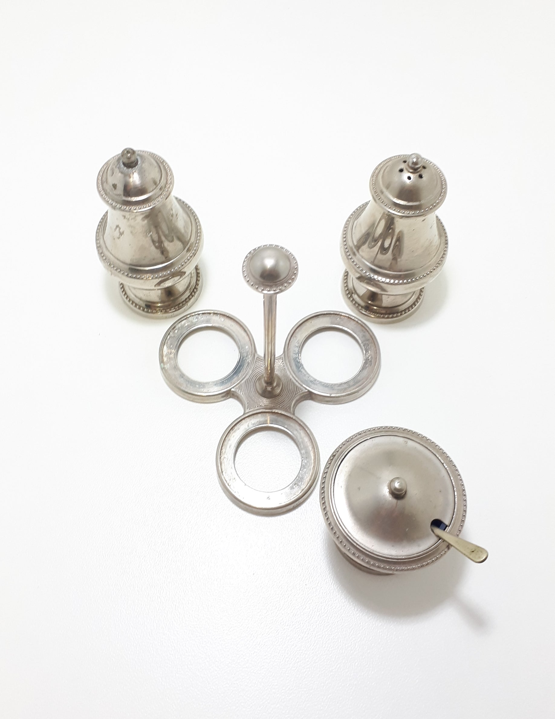 Vintage 1900-1940 Silver Plated Cruet Set – Stand With Salt & Pepper Shakers & Lidded Mustard Pot