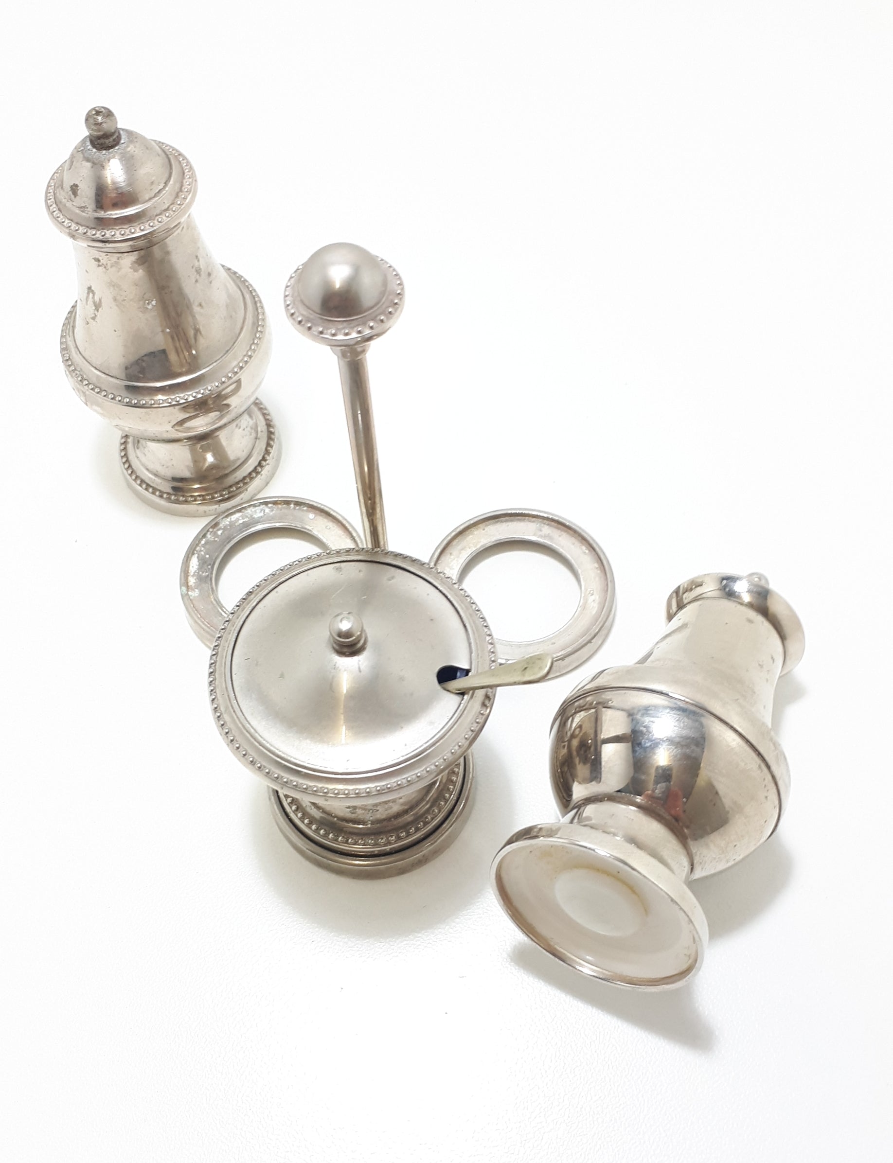 Vintage 1900-1940 Silver Plated Cruet Set – Stand With Salt & Pepper Shakers & Lidded Mustard Pot