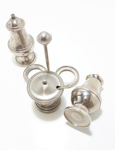 Vintage 1900-1940 Silver Plated Cruet Set – Stand With Salt & Pepper Shakers & Lidded Mustard Pot
