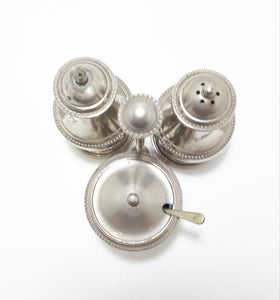 Vintage 1900-1940 Silver Plated Cruet Set – Stand With Salt & Pepper Shakers & Lidded Mustard Pot