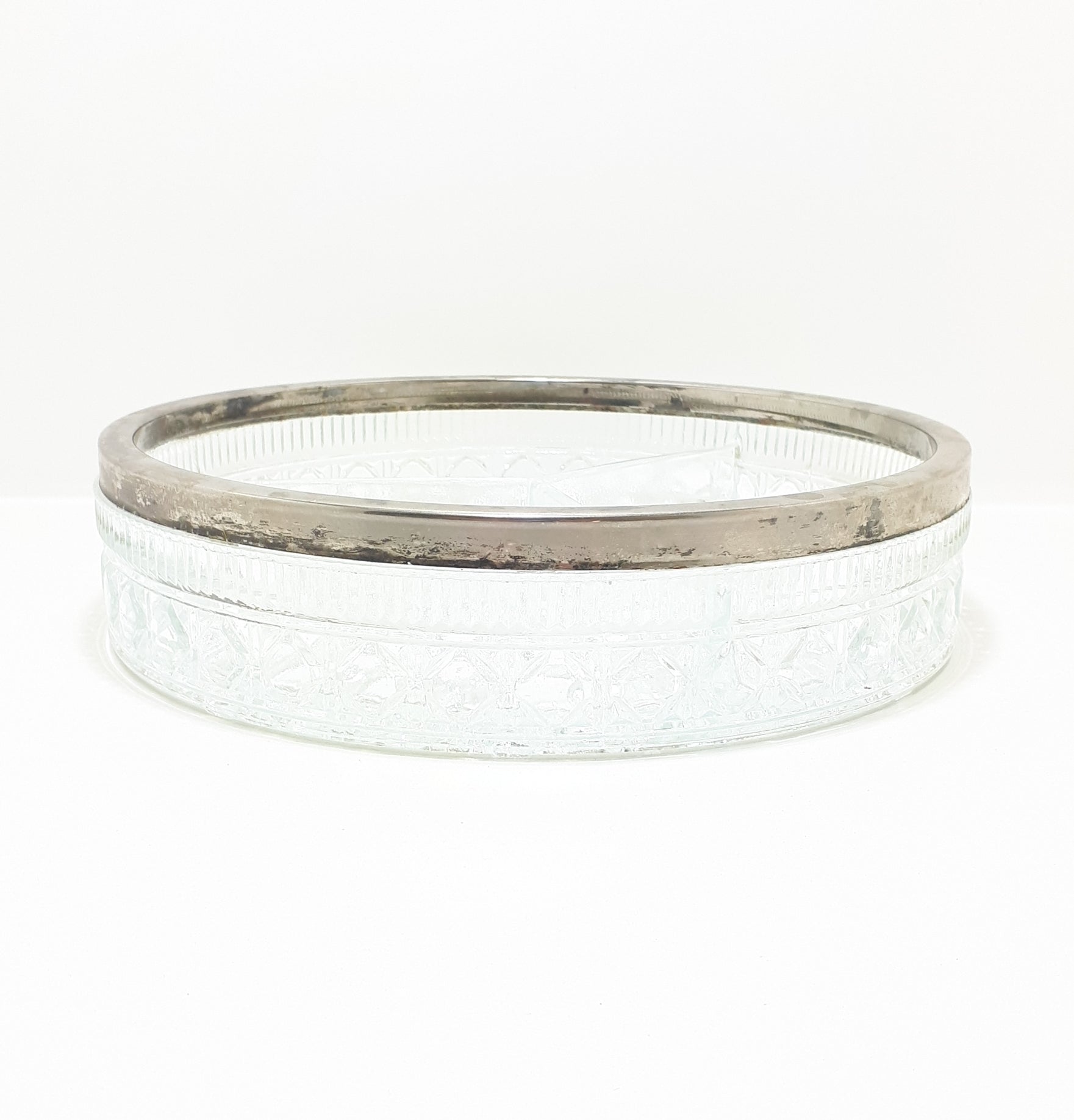 Vintage 1950-60’s 3-Division Glass Bowl With Silver Plated Collar Rim – Diamond & Bubble Motif