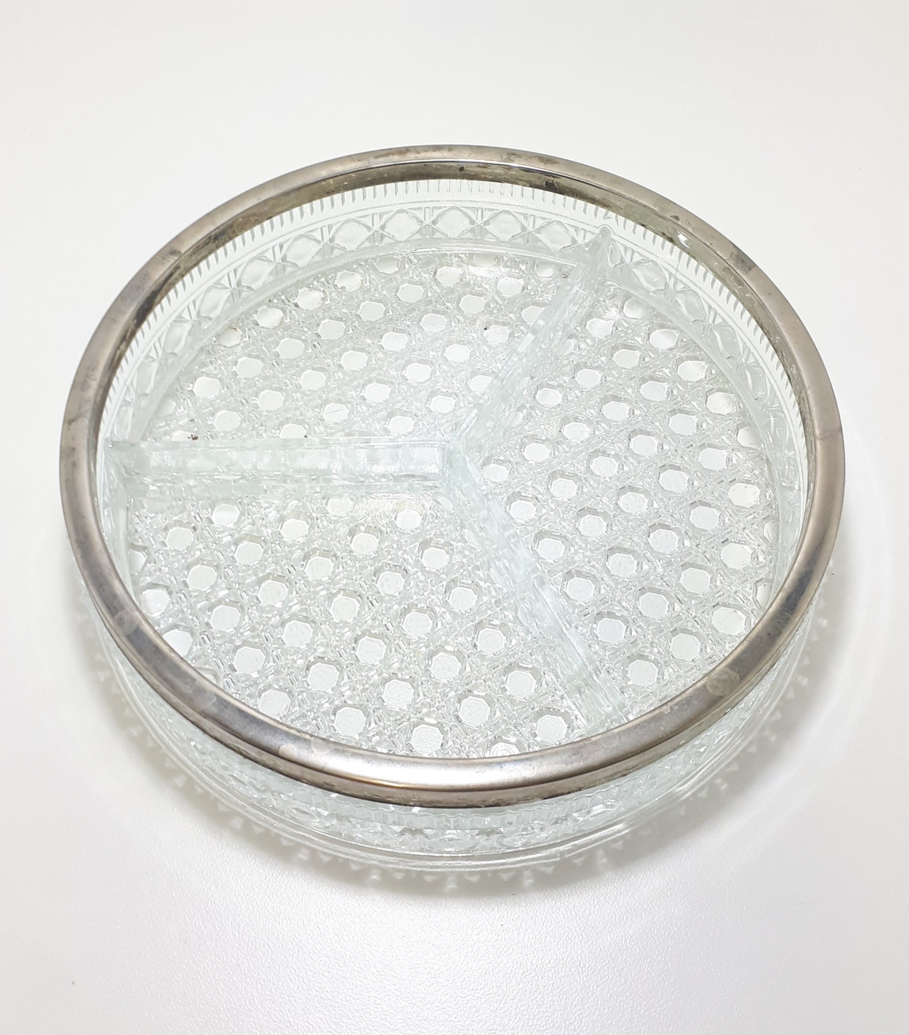 Vintage 1950-60’s 3-Division Glass Bowl With Silver Plated Collar Rim – Diamond & Bubble Motif