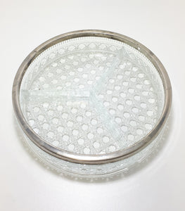 Vintage 1950-60’s 3-Division Glass Bowl With Silver Plated Collar Rim – Diamond & Bubble Motif
