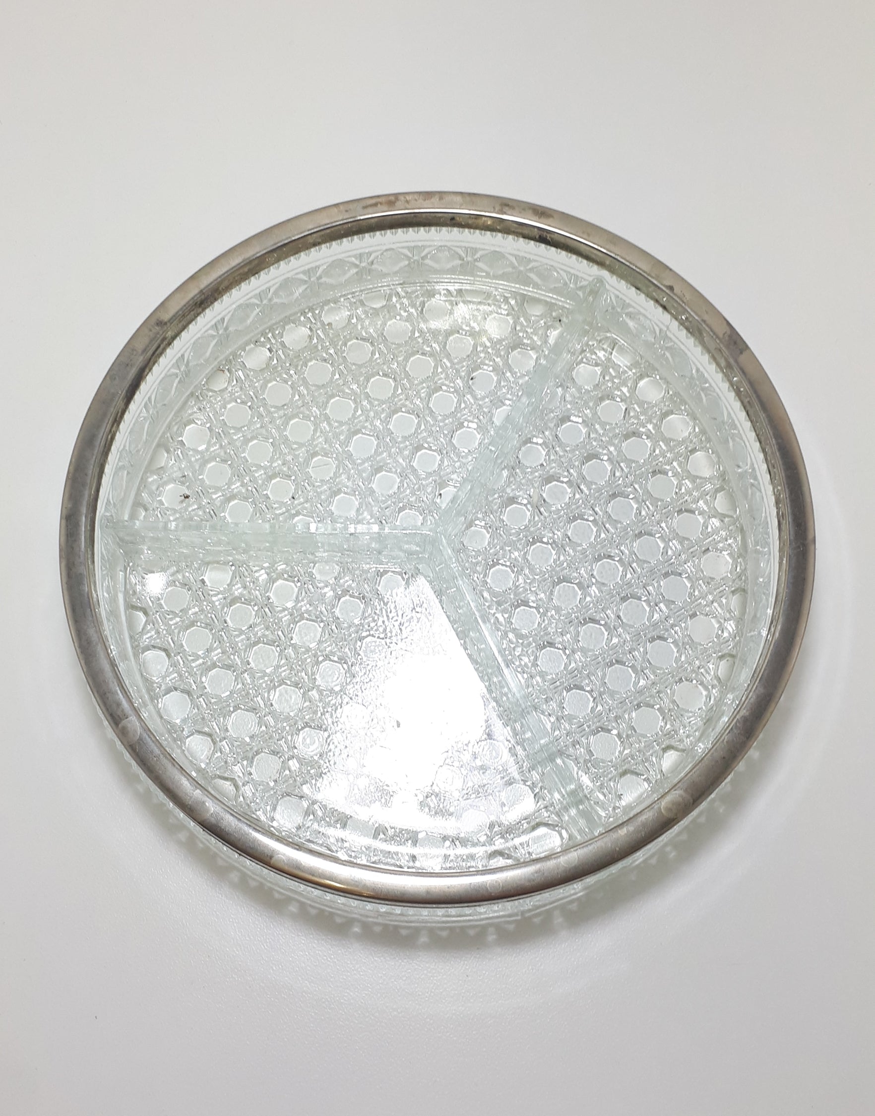 Vintage 1950-60’s 3-Division Glass Bowl With Silver Plated Collar Rim – Diamond & Bubble Motif