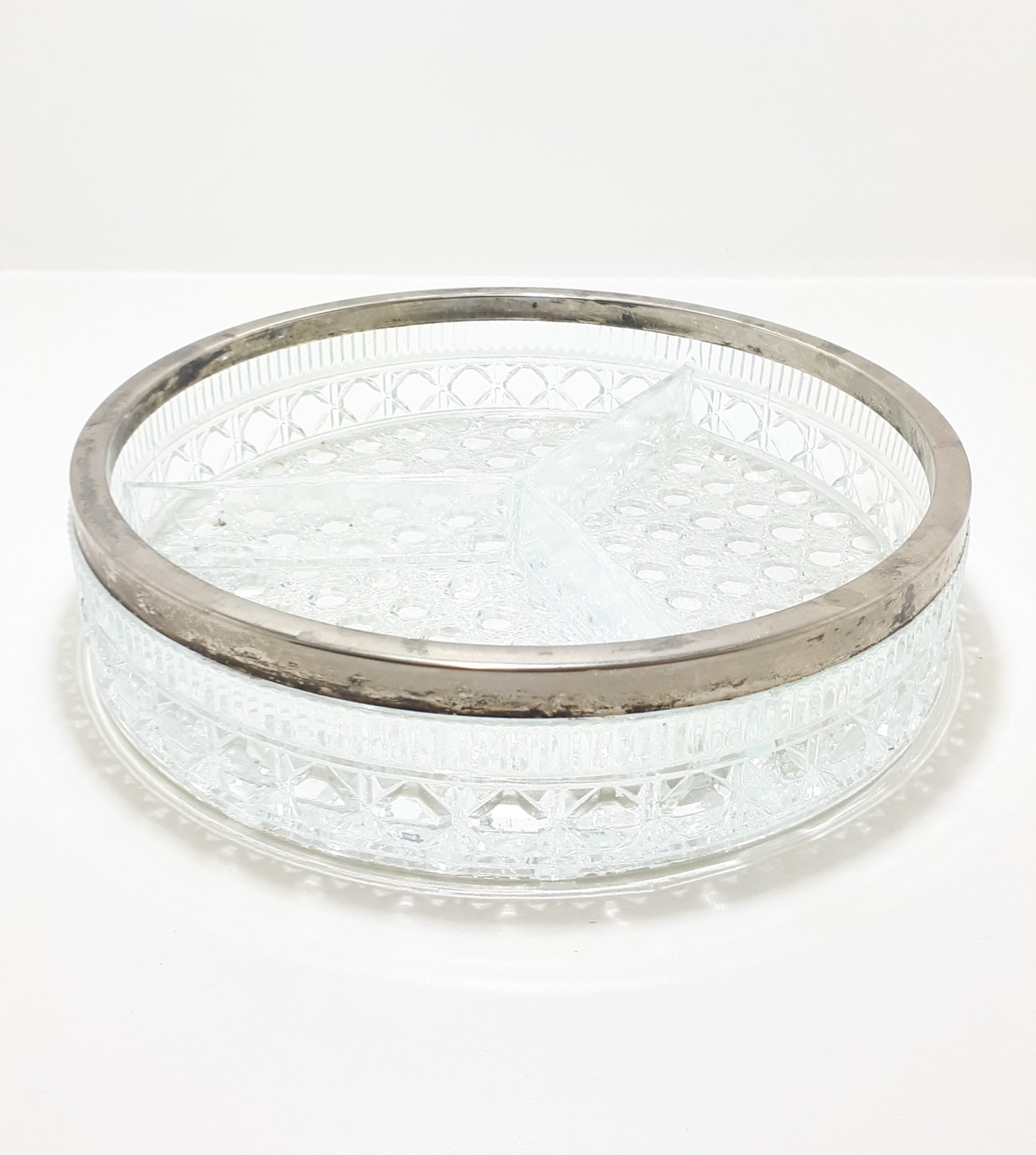 Vintage 1950-60’s 3-Division Glass Bowl With Silver Plated Collar Rim – Diamond & Bubble Motif