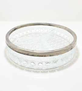 Vintage 1950-60’s 3-Division Glass Bowl With Silver Plated Collar Rim – Diamond & Bubble Motif