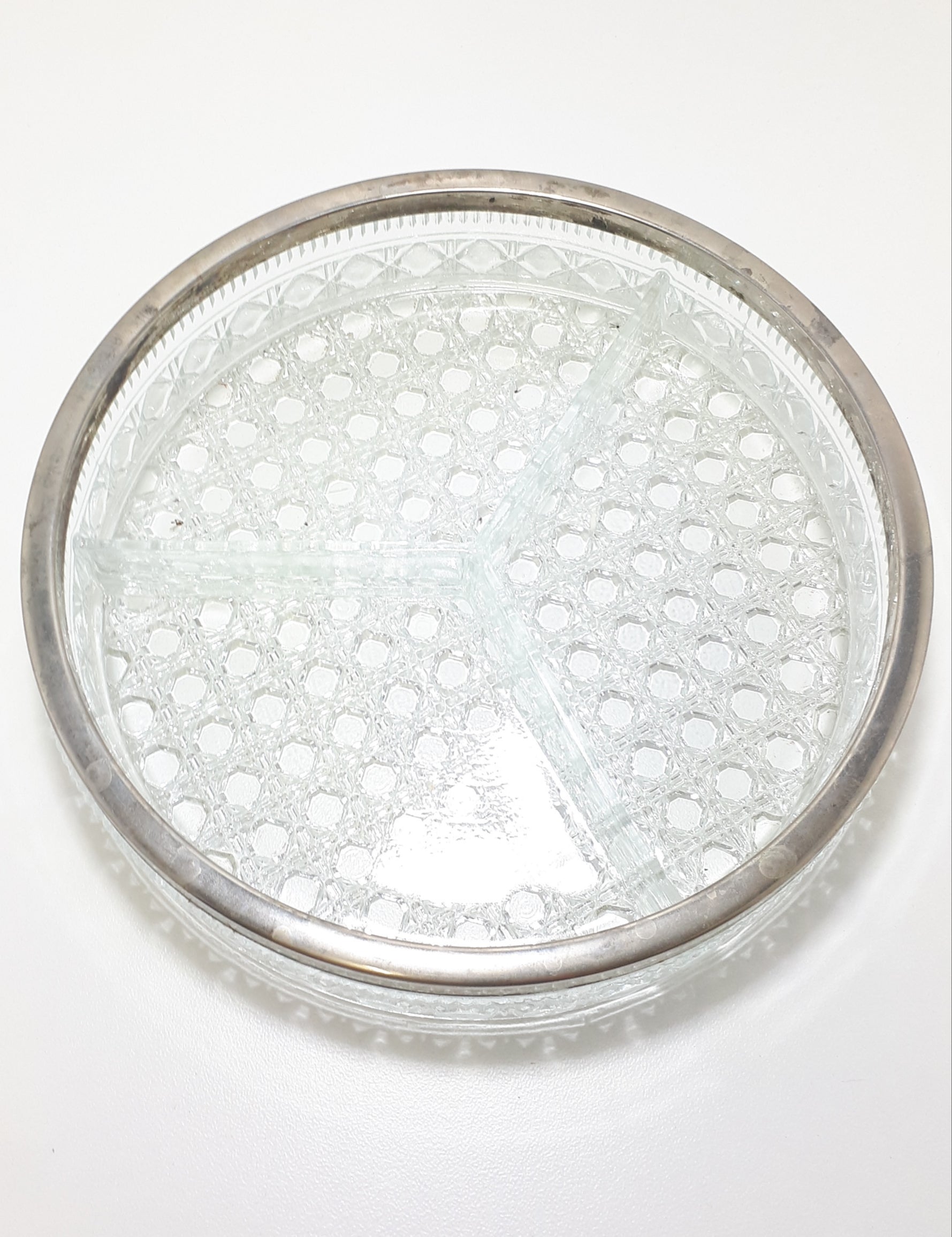 Vintage 1950-60’s 3-Division Glass Bowl With Silver Plated Collar Rim – Diamond & Bubble Motif