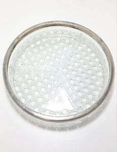 Vintage 1950-60’s 3-Division Glass Bowl With Silver Plated Collar Rim – Diamond & Bubble Motif