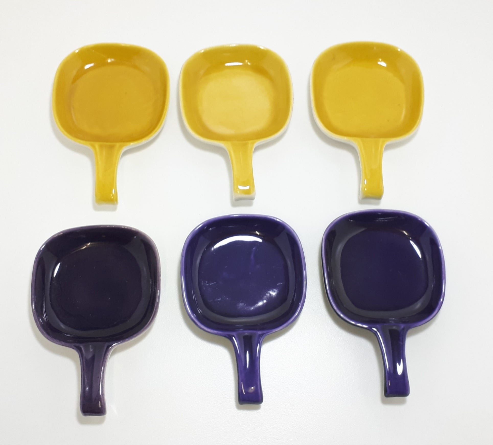 Vintage Italian Glazed Ceramic Pan Shaped Bowls – Purple & Mustard Yellow