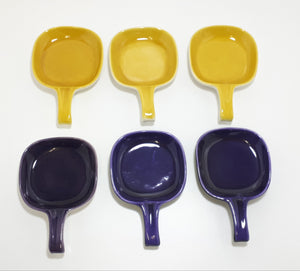 Vintage Italian Glazed Ceramic Pan Shaped Bowls – Purple & Mustard Yellow