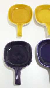 Vintage Italian Glazed Ceramic Pan Shaped Bowls – Purple & Mustard Yellow
