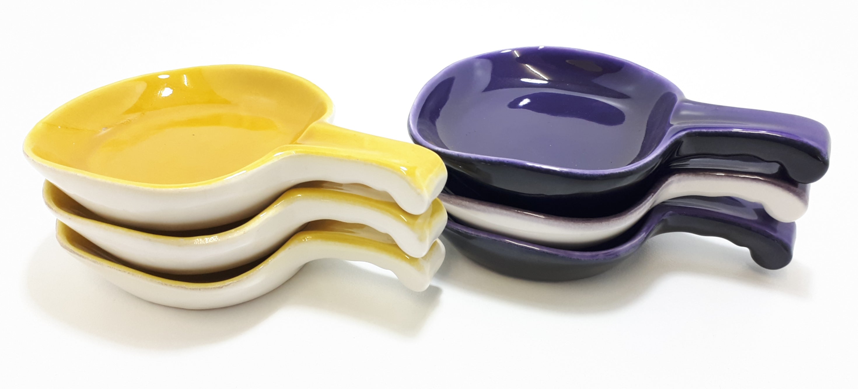 Vintage Italian Glazed Ceramic Pan Shaped Bowls – Purple & Mustard Yellow