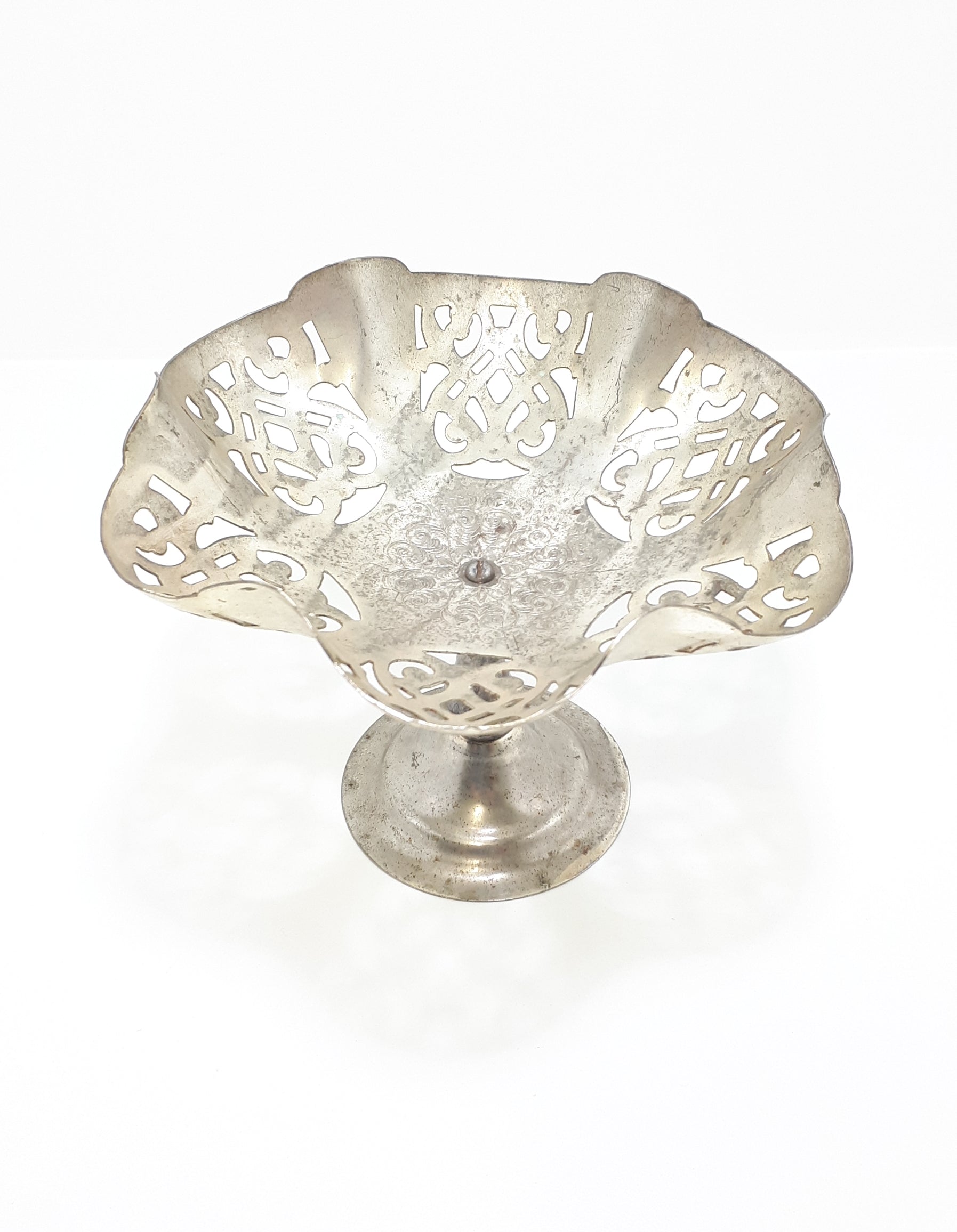 Vintage Silver Plated Tazza With Gothic Style Pierced Metal & Etched Patterning